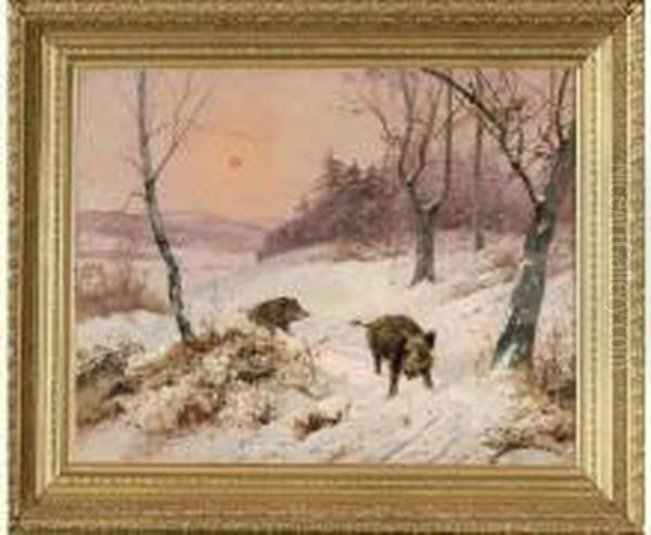 sangliers Sortant Du Bois Au Petit Matin Oil Painting by Emile Charlet