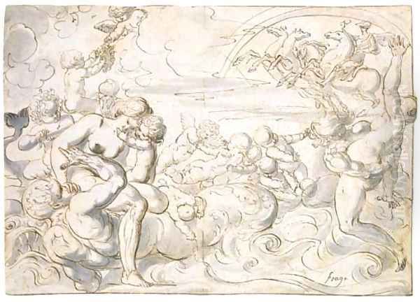 The rape of the Tanagran women by Triton, Apollo in his chariot in the background Oil Painting by Pierre Brebiette