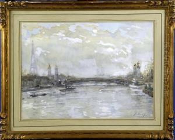 [le Pont Des Arts, A Paris] (date 1925). Aquarelle Signee En Bas A Droite. Oil Painting by Frantz Charlet