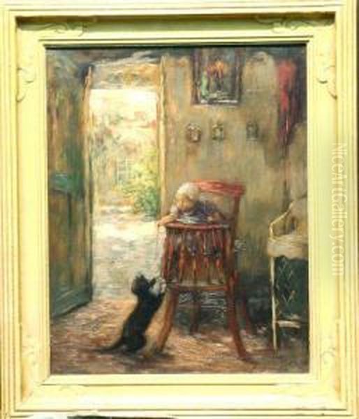 Infant Toying With The Cat Oil Painting by Frantz Charlet