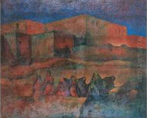 < Femmes Devant Le Village, Maroc >. Oil Painting by Frantz Charlet