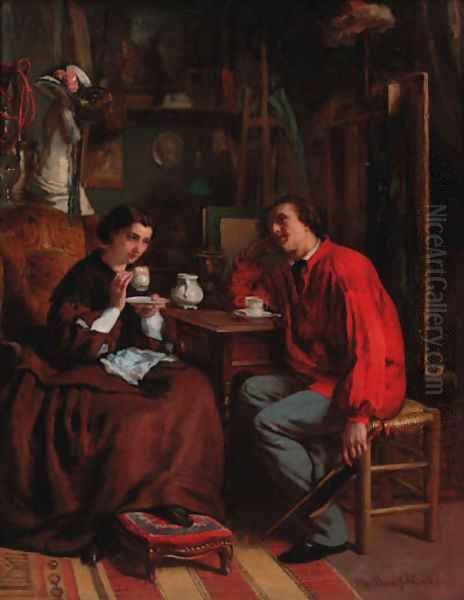 Tea time in the artist's studio Oil Painting by Victor De Bornschlegel