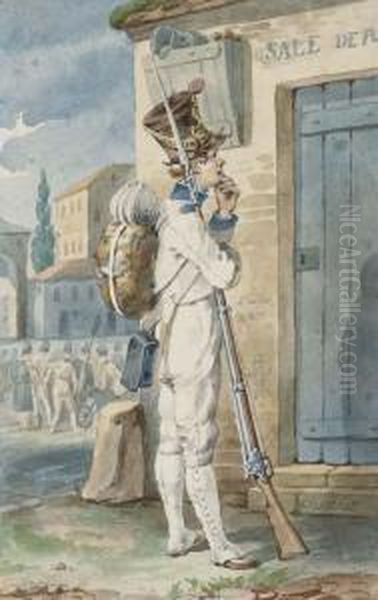 Un Soldat Devant Une Porte Avec Un Groupe De Soldats Dans Le Fond Oil Painting by Nicolas Toussaint Charlet