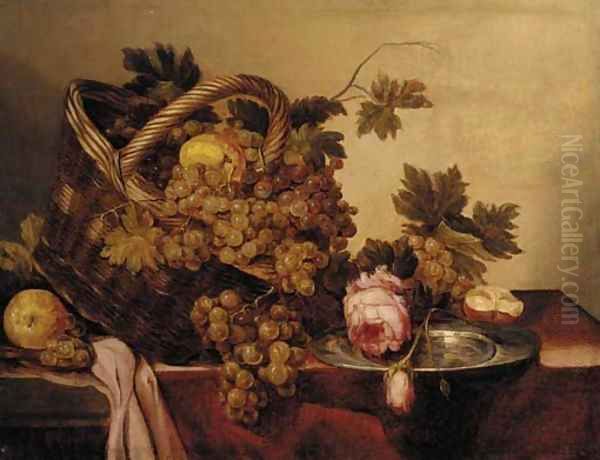 A basket of grapes and apples, with roses and a pewter plate on a table Oil Painting by Abraham Hendrickz Van Beyeren