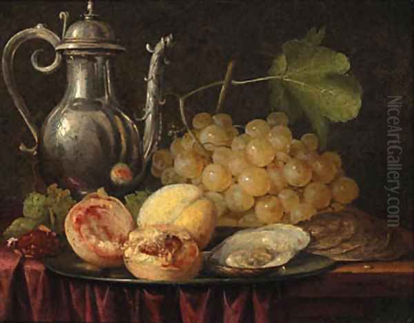 A silver ewer, a bunch of grapes with peaches and oysters on a pewter plate Oil Painting by Abraham Hendrickz Van Beyeren