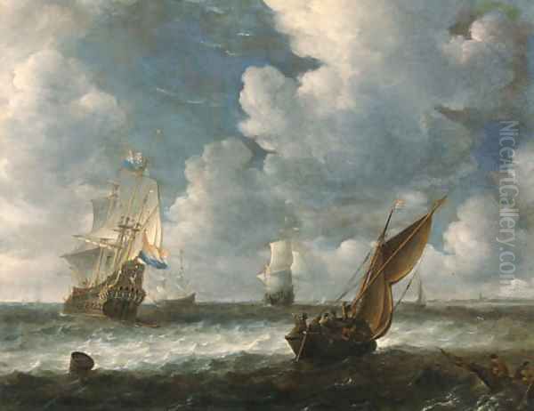 A Dutch kaag close hauled in a stiff breeze with men-o-war beyond Oil Painting by Abraham Hendrickz Van Beyeren