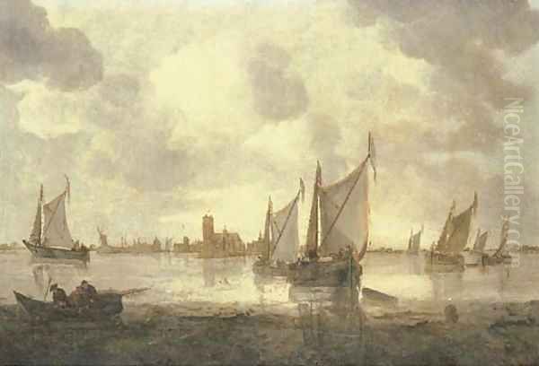 Dutch kaags and other shipping in calm seas, a view of Dordrecht beyond Oil Painting by Abraham Hendrickz Van Beyeren