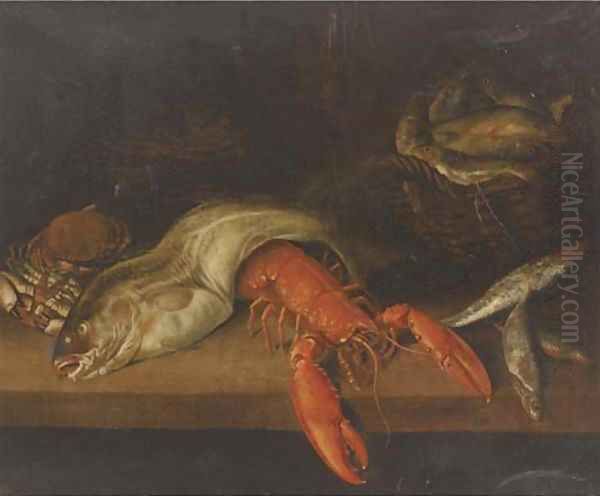 A lobster, a basket of fish, a crab, a cod and other fish on a ledge Oil Painting by Abraham Hendrickz Van Beyeren