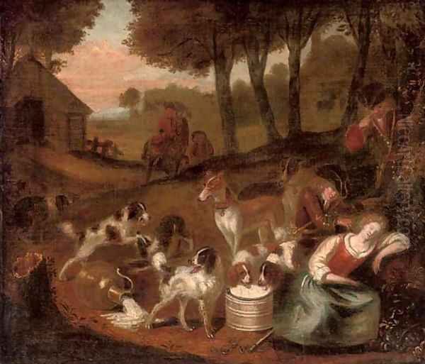 A hunting party stopped by a sleeping milkmaid Oil Painting by Adriaen Cornelisz. Beeldemaker