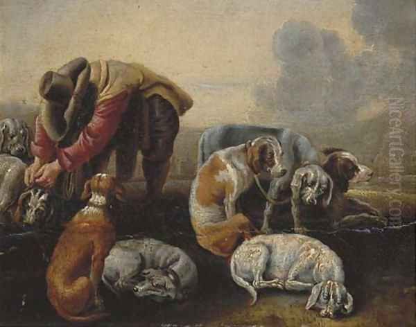 A hunter leashing his hounds Oil Painting by Adriaen Cornelisz. Beeldemaker