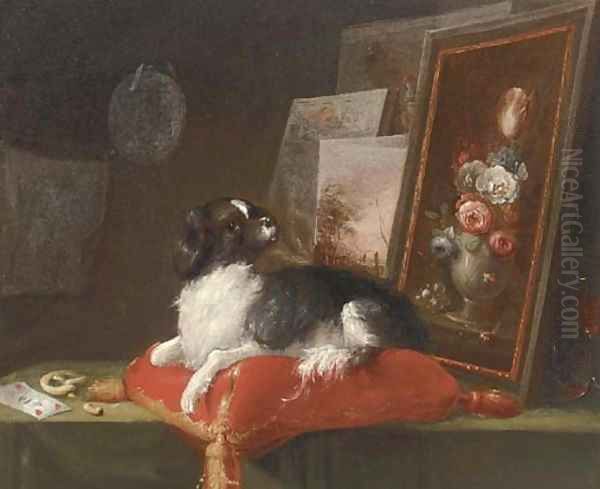 A spaniel lying on a cusion with paintings Oil Painting by Adriaen Cornelisz. Beeldemaker