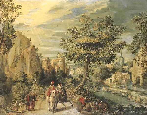 A rocky river landscape with horsemen Oil Painting by Christoffel van den Berghe