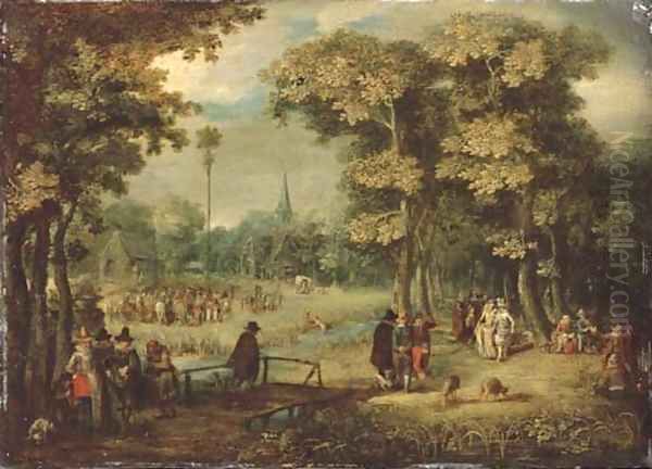 A wooded village landscape with elegant figures Oil Painting by Christoffel van den Berghe