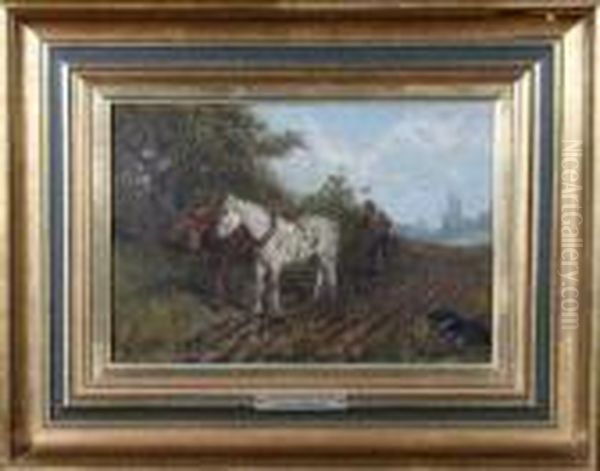 A Ploughman And A Team Of Horses At Work In A Field Oil Painting by John Charlton