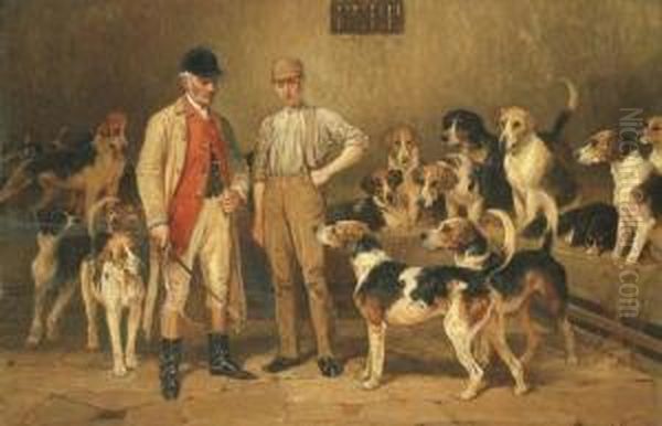 Hounds With Trainer And Master In The Kennel Oil Painting by John Charlton