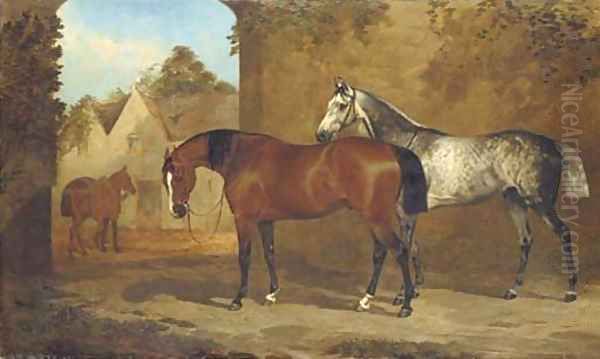 A bay and a grey hunter in a courtyard, with a groom leading another horse to a stable Oil Painting by Henry Barraud