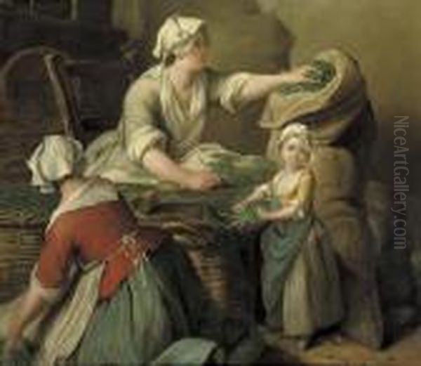 Kitchen Maids Selling Vegetables In An Interior Oil Painting by Jean Baptiste (or Joseph) Charpentier