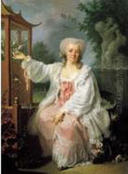  Portrait De Dame Assise Pres D'une Voliere En Forme De Pagode  Oil Painting by Jean Baptiste (or Joseph) Charpentier