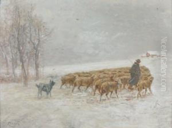 Troupeau Sous La Neige Oil Painting by Albert Charpin