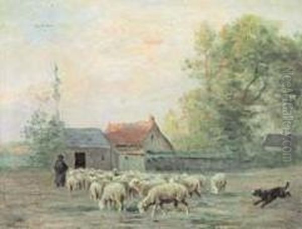 Troupeau De Moutons Devant La Ferme A Cayeux Oil Painting by Albert Charpin