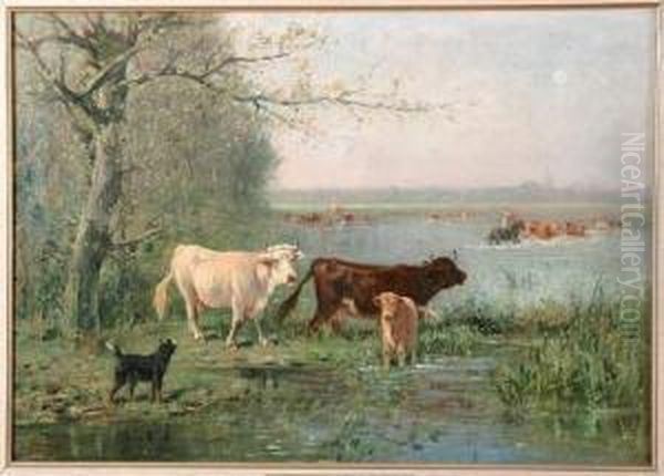 troupeau De Vaches S'abreuvant Oil Painting by Albert Charpin