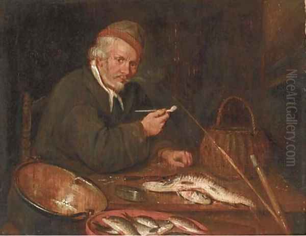 An angler smoking a pipe in an interior Oil Painting by Quiringh Gerritsz. van Brekelenkam