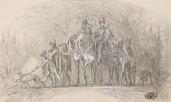 Ensemble De Onze Dessins Dont 
Des Etudes De Femmes Allongees, Des Scenes De Chasse, Un Gentilhomme En 
Redingote Et Chapeau Haute-forme Oil Painting by Theobald Chartran