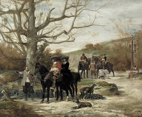 Edelleute Zu Pferd Mit Ihren Hunden Auf Der Jagd. Oil Painting by Theobald Chartran