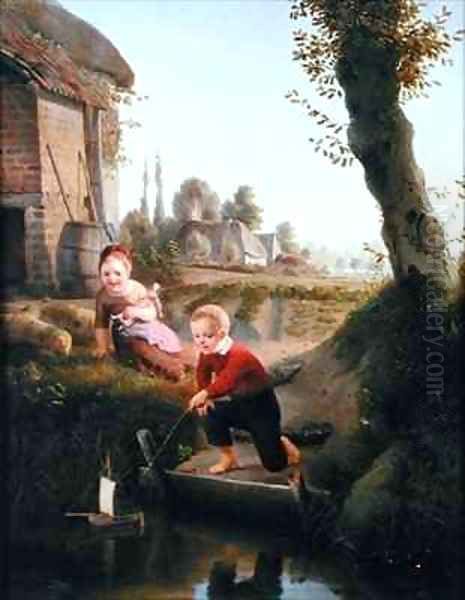 Two children playing with a boat Oil Painting by Antoine de Bruycker