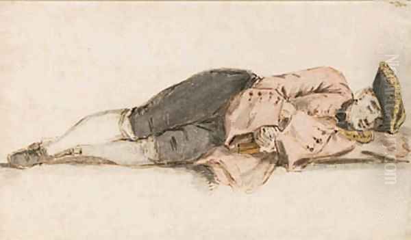 Study of a sleeping violinist, wearing a tricorne and holding his violin under his arms Oil Painting by Louis P. Boitard