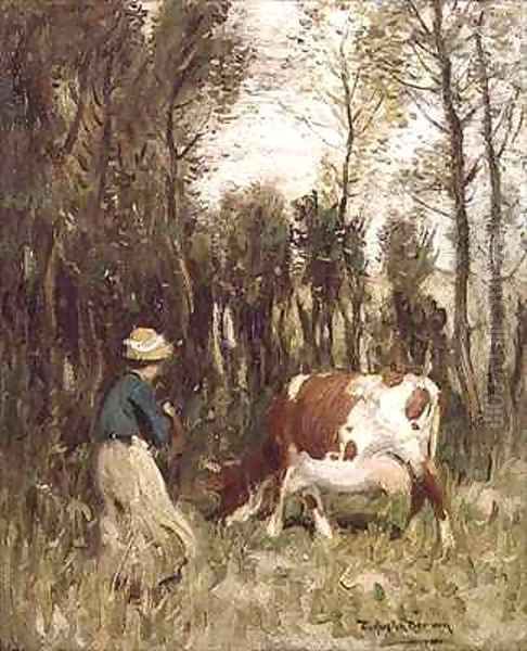 Girl Driving a Cow Oil Painting by Thomas Austen Brown