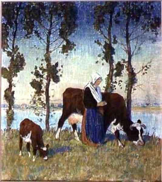 Woman with a Cow and Calf Oil Painting by Thomas Austen Brown