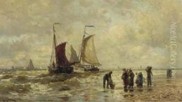 Fisherfolk On The Beach At Scheveningen Oil Painting by Harry Chase