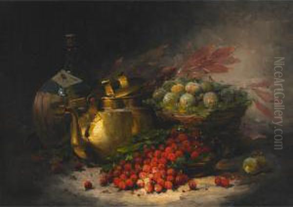 Still Life With Fruit, Brass Kettle And Carafe Oil Painting by William Merritt Chase