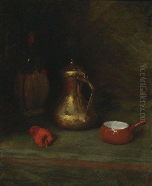 Still Life With Bottle, Carafe, Pot And Red Pepper Oil Painting by William Merritt Chase