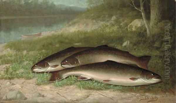 Trout on a River Bank Oil Painting by Walter M. Brackett