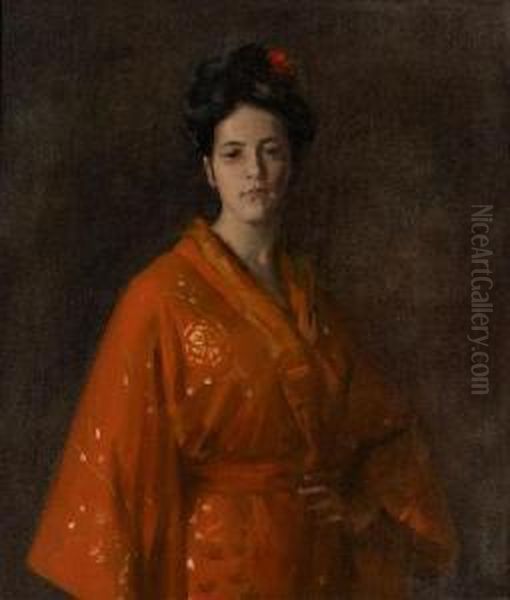 The Red Kimona (girl In Red) (the Artist's Daughter) Oil Painting by William Merritt Chase