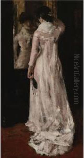 I Think I Am Ready Now (the Mirror, The Pink Dress) Oil Painting by William Merritt Chase