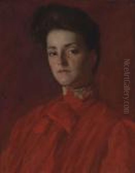 A Lady In Red Oil Painting by William Merritt Chase