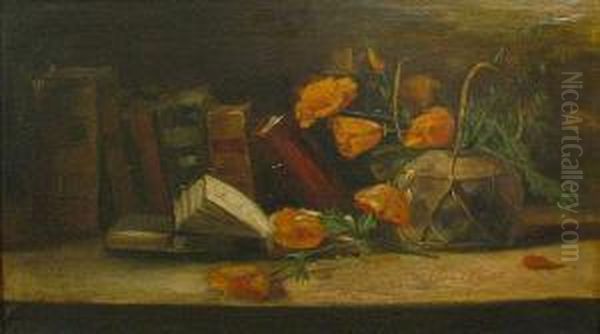 A Still Life With Poppies And Books Oil Painting by William Merritt Chase