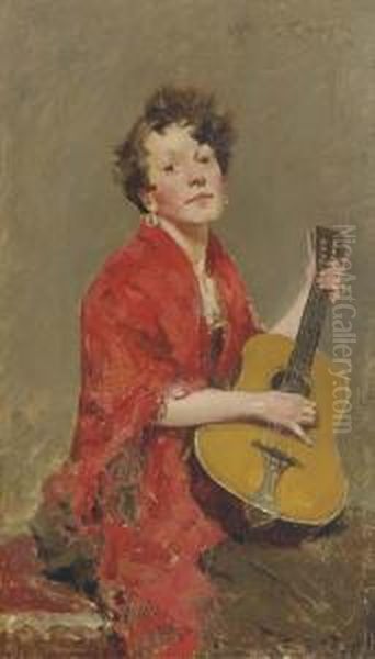 Girl With Guitar Oil Painting by William Merritt Chase