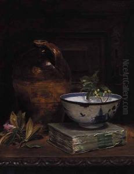 Holly In Blue And White Bowl Oil Painting by William Merritt Chase