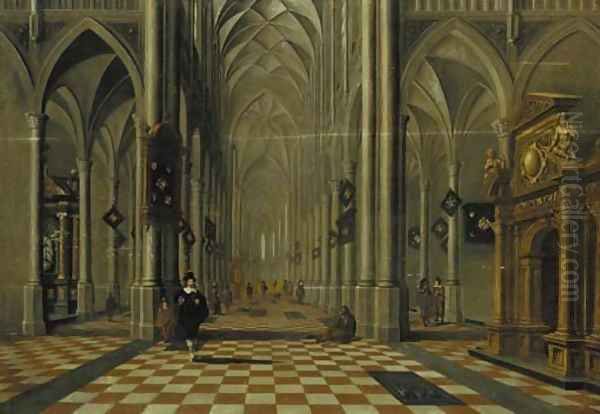 The interior of a Gothic church looking east, with elegant company and other figures Oil Painting by Bartholomeus Van Bassen