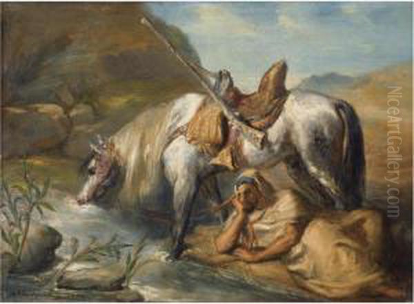 Cavalier Arabe Faisant Boire Son Cheval Oil Painting by Theodore Chasseriau