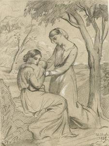 Two Women, One Sitting And Holding A Child, The Other Standing Under A Tree Oil Painting by Theodore Chasseriau