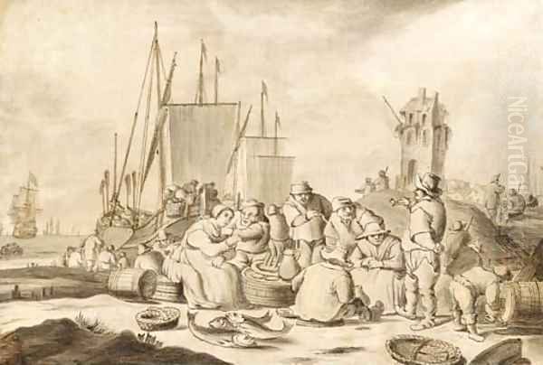 Merchants and other figures eating, drinking and smoking on a beach Oil Painting by Cornelis Boumeester