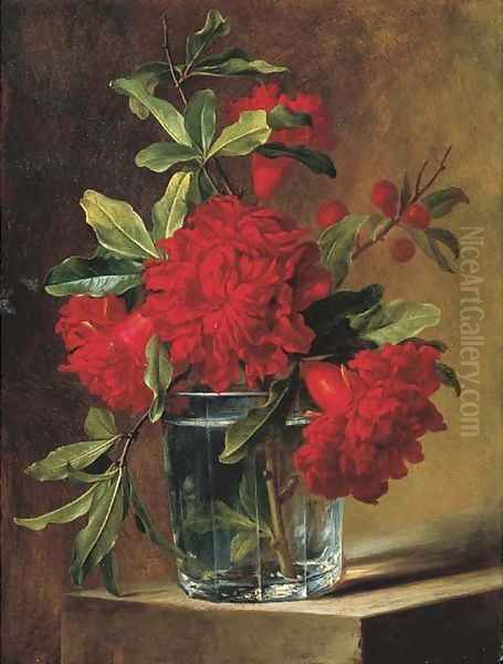 Pomegranate blossoms in a glass vase on a stone ledge Oil Painting by Elise De Bruyere