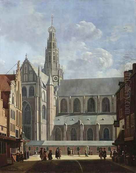 A view of the north transept of the St. Bavo Church from the Smedestraat in Haarlem Oil Painting by Gerrit Adriaensz Berckheyde