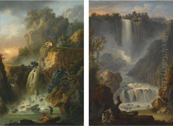 Views Of The Grand Cascade And The Cascade Del Marmore At Terni,near Rome Oil Painting by Claude Louis Chatelet