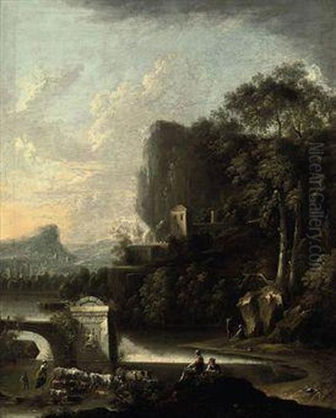 A Wooded River Landscape With Drovers Beside Classical Ruins, Avillage Beyond Oil Painting by Claude Louis Chatelet